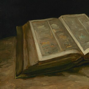Vintage Bible Still Life Painting | Antique Religious Wall Decor | Rustic Spiritual Artwork | Mailed Print image 4