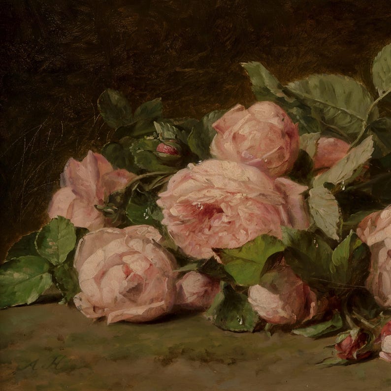 Vintage Pink Roses Painting | Floral Still Life Wall Art | Romantic Botanical Home Decor | Rustic Flower Still Life Print | Framed Art image 3