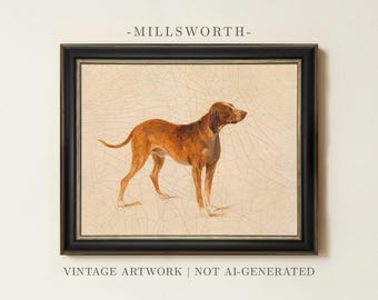 May include: A framed painting of a brown dog standing in profile, set against a light beige background with a visible crackle texture. The artwork is enclosed in a black frame with gold inner detailing. Text reads MILLSWORTH and VINTAGE ARTWORK.