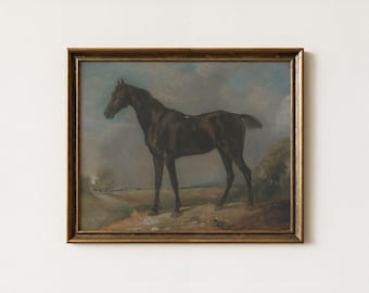 Vintage Dark Horse Painting | Antique Equestrian Countryside Wall Decor | Rustic Animal Landscape Artwork | Mailed Print