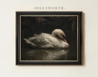 White Swan Painting | Dark Academia Wall Art | Rustic Farmhouse Bird Home Decor | Framed Art