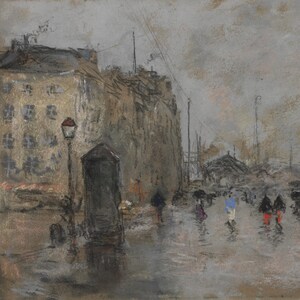 Vintage Rainy City Painting | Antique Street Scene Artwork | Rustic Gray Urban Decor | Framed Art image 3