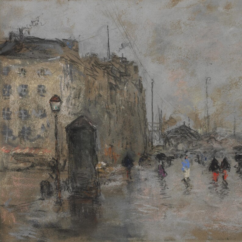 Vintage Rainy City Painting | Antique Street Scene Artwork | Rustic Gray Urban Decor | Framed Art image 3