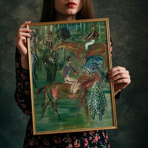 Vintage Equestrian Painting | Antique Abstract Horse Wall Art | Framed Art image 11