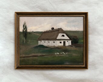 Vintage White Barn Painting | Rustic Countryside Field Artwork | Antique Farmhouse Landscape Decor | Mailed Print