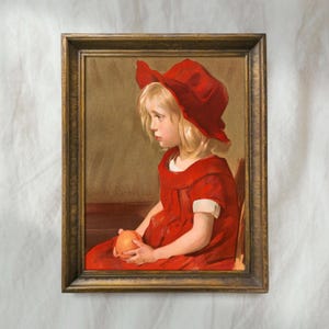 Blonde Girl in Red Dress Painting | Vintage Portrait Wall Art | Victorian Children Home Decor | Mailed Print