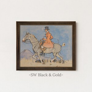 Vintage Equestrian Rider Painting | Antique Horse Artwork | Rustic Watercolor Wall Decor | Framed Art SW Black Gold