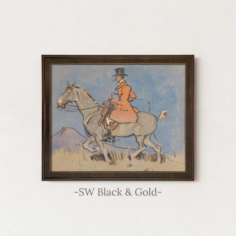 Vintage Equestrian Rider Painting | Antique Horse Artwork | Rustic Watercolor Wall Decor | Framed Art SW Black Gold