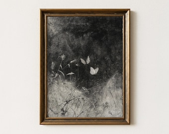 Vintage Charcoal Butterfly Sketch | Moody Landscape Drawing Decor | Dark Academia Flower Artwork | Mailed Print
