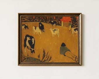Vintage Grazing Cows Painting | Antique Pastoral Wall Art | Countryside Farm Home Decor | Mailed Print