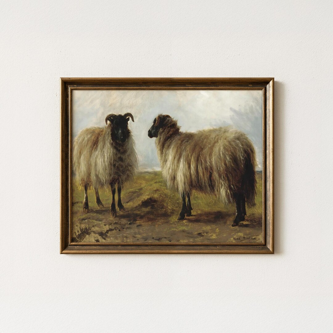 Vintage Sheep Landscape Painting | Rustic Farm Animal Artwork | Antique ...