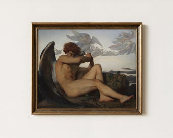 Vintage Fallen Angel Painting | Antique Mythic Figure Artwork | Archangel Lucifer Wall Art | Mailed Print