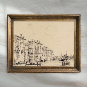 Neutral Cityscape Sketch Art | Antique Architecture Wall Decor | Vintage Canal Drawing Artwork | Mailed Print