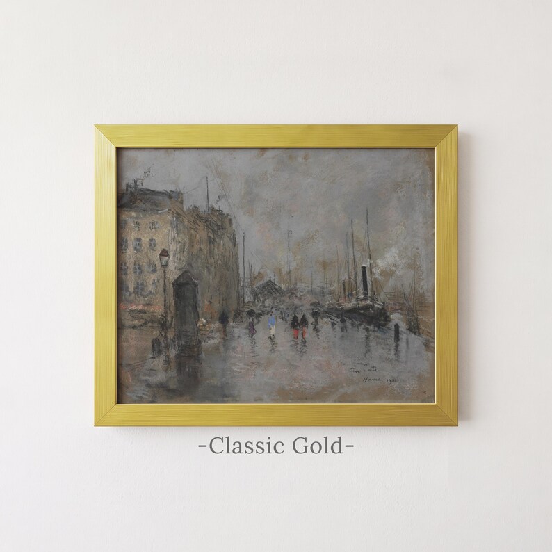 May include: A framed painting in a classic gold frame depicting a rainy harbor scene with buildings, ships, and figures walking along a wet quay. The artwork features muted gray and brown tones with small pops of color and the text Classic Gold.