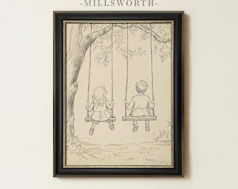 May include: A framed black and white line drawing print titled MILLSWORTH featuring two children sitting on separate rope swings hanging from a large tree branch. The artwork depicts a child with long hair and a child with short hair in a park.