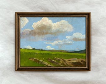 Vintage Cloudy Field Painting | Antique Landscape Artwork | Countryside Pastoral Wall Decor | Mailed Print