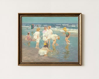 Children Playing at Seaside | Vintage Ocean Landscape Wall Art | Antique Beach House Decor | Coastal Impressionist Artwork | Mailed Print