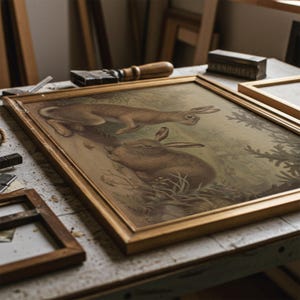 May include: A framed vintage print featuring two brown hares in a forest setting. The artwork is in a gold-colored frame, resting on a work table with tools and other frames. The print has a sepia tone.