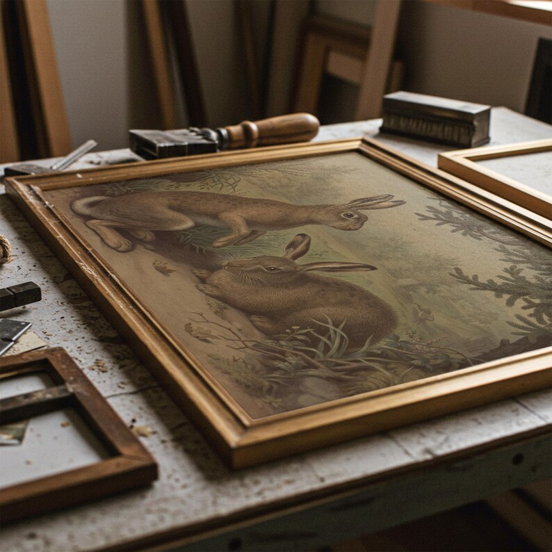 May include: A framed vintage print featuring two brown hares in a forest setting. The artwork is in a gold-colored frame, resting on a work table with tools and other frames. The print has a sepia tone.