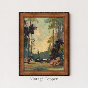 Vintage Woodland Painting | Rustic Landscape Forest Wall Art | Antique Cottagecore Artwork | Framed Art Vintage Copper