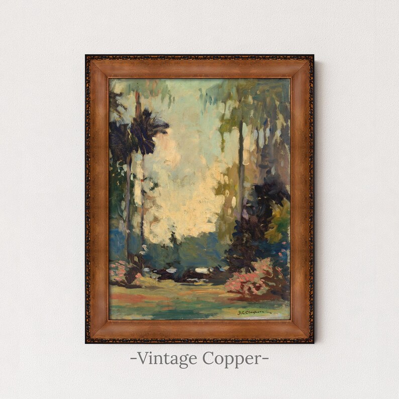 Vintage Woodland Painting | Rustic Landscape Forest Wall Art | Antique Cottagecore Artwork | Framed Art Vintage Copper