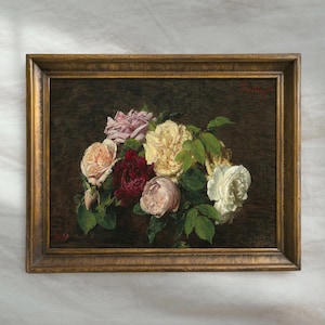 Antique Floral Still Life Painting | Vibrant Roses Wall Art | Botanical French Country Decor | Mailed Print