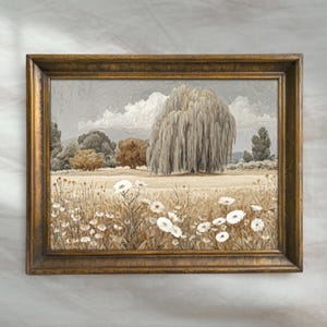 Weeping Willow Painting | Vintage Wildflower Landscape Artwork | Rustic Countryside Tree Decor | Mailed Print
