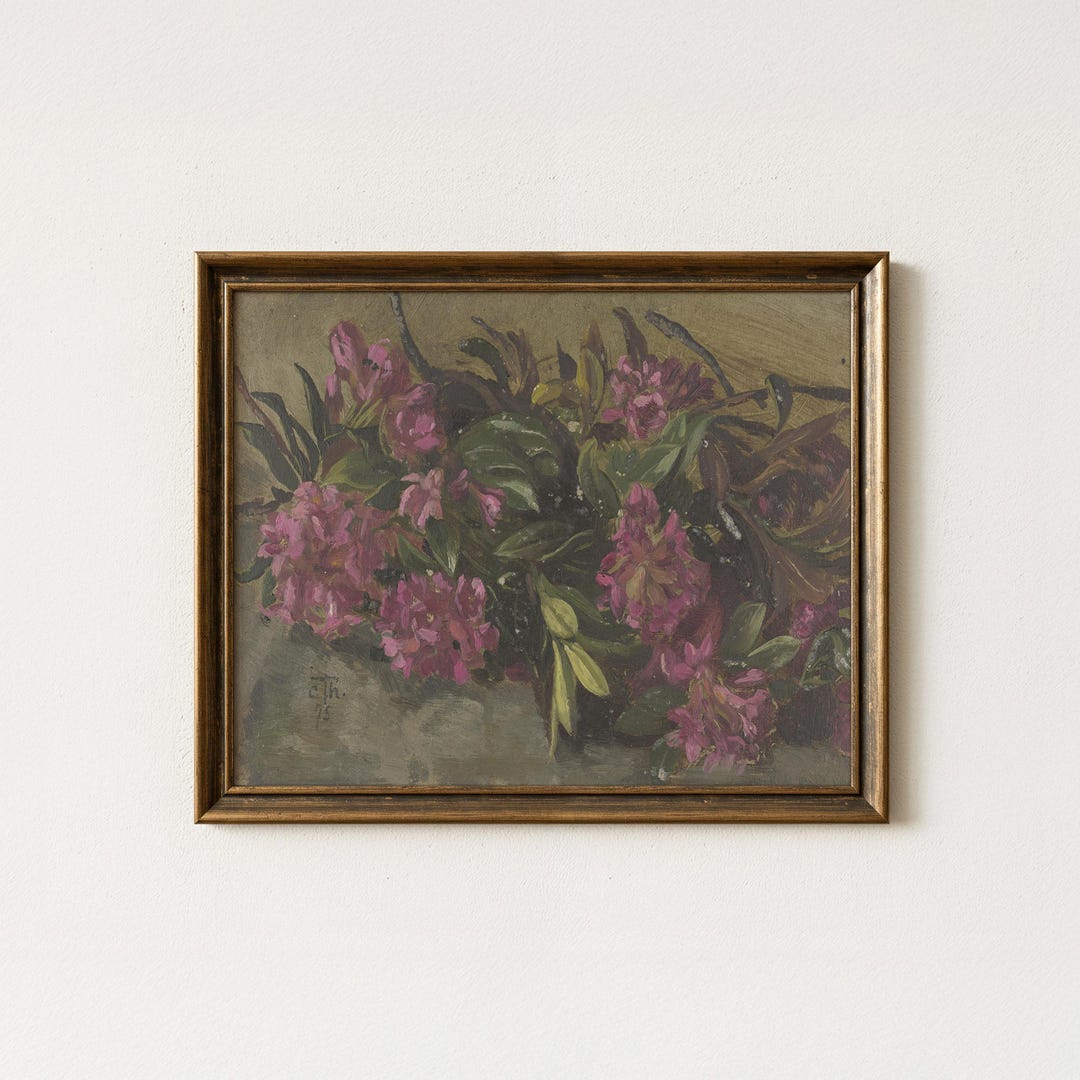 Vintage Pink Flower Painting | Antique Botanical Artwork | Rustic ...