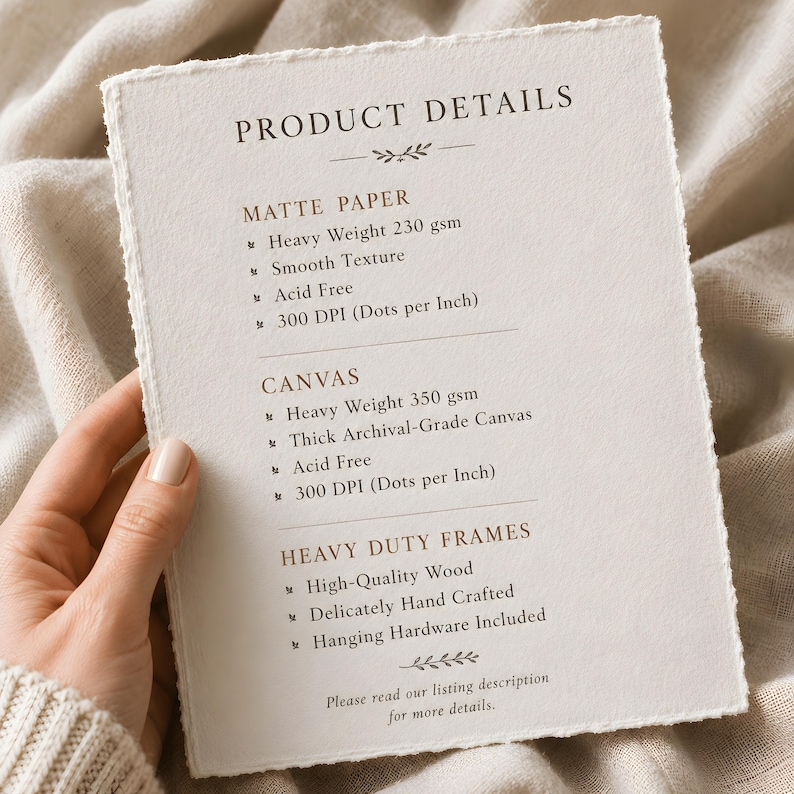 a person holding a paper product details list, which appears to be a product description for a canvas and heavy duty frames.