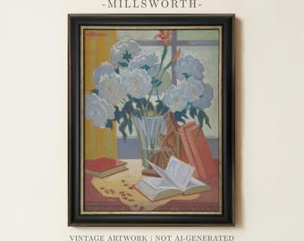 White Flowers Painting | Vintage Botanical Still Life Artwork | Antique Floral Wall Decor | Framed Art