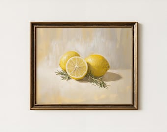 Vintage Lemon Still Life Painting | Country Kitchen Wall Art | Farmhouse Fruit Home Decor | Mailed Print