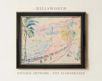May include: A framed painting titled MILLSWORTH featuring a coastal scene with palm trees, a sandy beach, and figures along the shore. The artwork uses soft pastel tones of pink, blue, and yellow. The text VINTAGE ARTWORK | NOT AI-GENERATED is below.