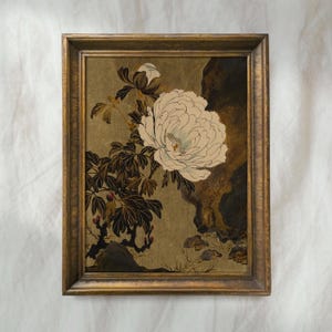 Vintage Chinoiserie Peony Painting | Japanese-Inspired Floral Artwork | Neutral Wabi-Sabi Wall Decor | Mailed Print