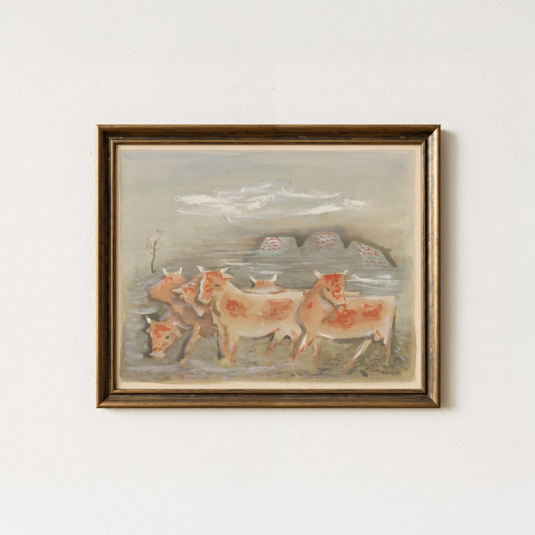 Vintage Abstract Cattle Painting | Antique Farm Animal Artwork | Rustic ...