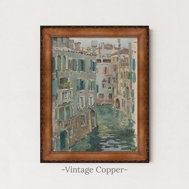 Vintage Venice Canal Painting | Antique European Wall Art | Italian Landscape Home Decor | Framed Art Vintage Copper