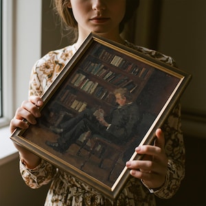 May include: A framed painting depicting a man reading in a library. The artwork features a dark color palette with a focus on the man, bookshelves, and a chair. The frame is gold-colored.