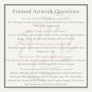 May include: A framed artwork information sheet with text in a serif font. The text addresses questions about the frames, including whether they are included, frame options, and why mockups differ. The sheet is on a light gray background.