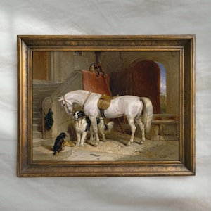 Vintage White Horse Painting | Rustic Equestrian Stable Wall Art | Antique Farmhouse Dog Home Decor | Mailed Print