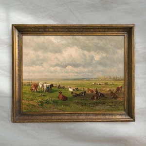 Vintage Cow Landscape Painting | Antique Grazing Cattle Wall Art | Rustic Farm Meadow Decor | Mailed Print