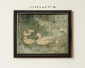 Vintage Ducks in Pond Painting | Countryside Wildlife Bird Decor | Farmhouse Nursery Wall Art | Framed Art