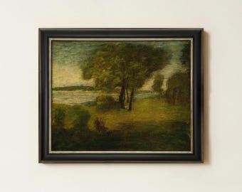 Vintage Dark Landscape Painting | Antique Countryside Wall Decor | Moody Nature Tree Artwork | Mailed Print