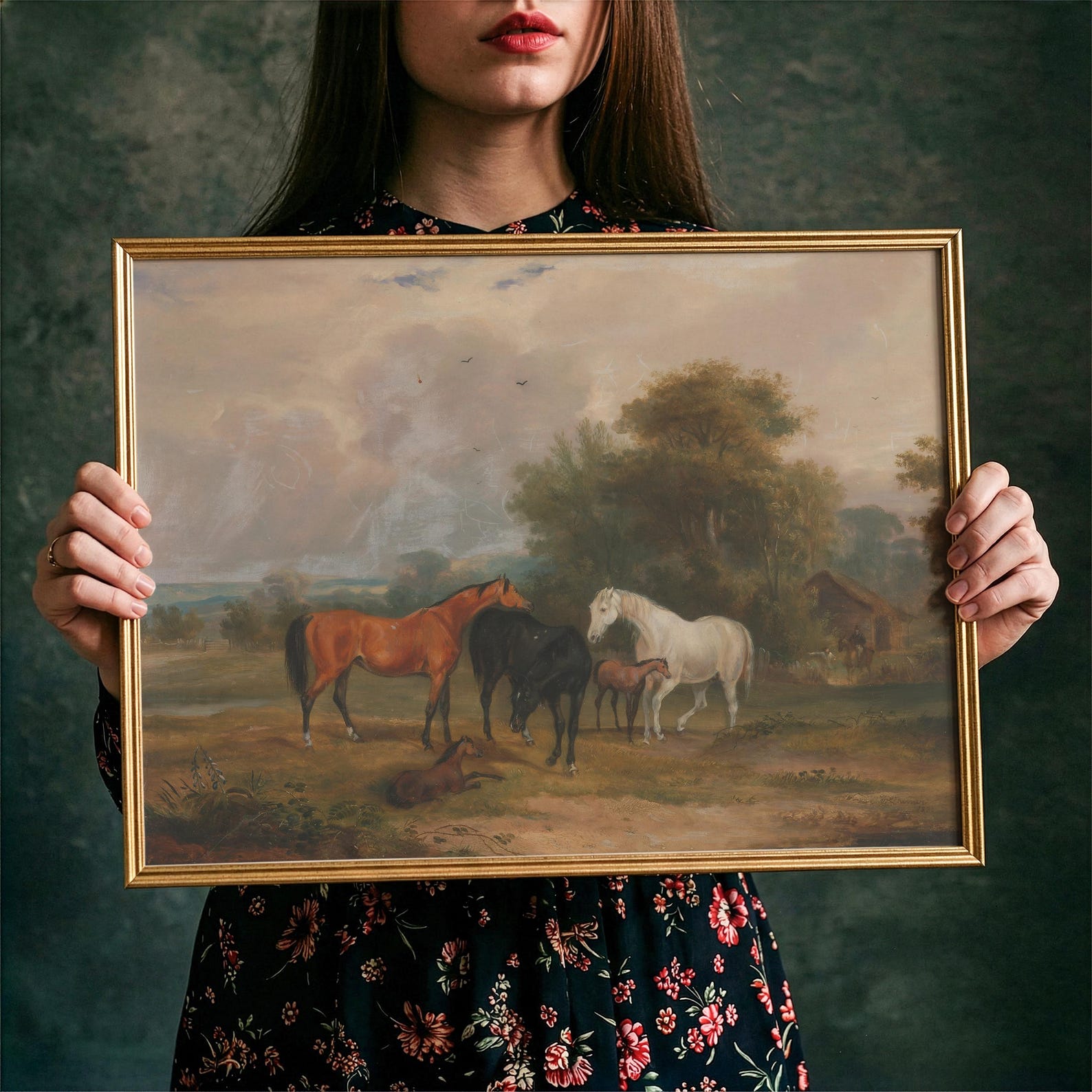 Vintage Horse Landscape Painting | Antique Equestrian Wall Art | Rustic ...