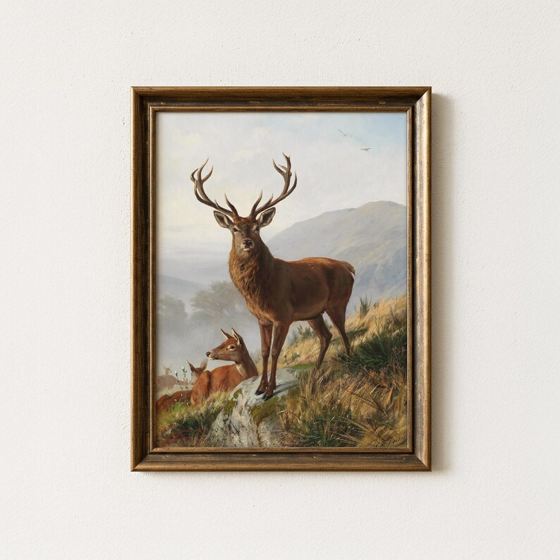 Vintage Mountain Stag Painting | Antique Alpine Deer Artwork | Rustic ...
