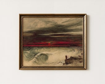 Moody Seascape Painting | Dark Academia Coastal Artwork | Vintage Ocean Moonlight Wall Decor | Mailed Print