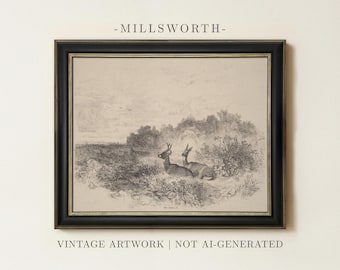 Vintage Deer Sketch Painting | Antique Woodland Landscape Artwork | Rustic Cottagecore Animal Decor | Wildlife Drawing Print | Framed Art