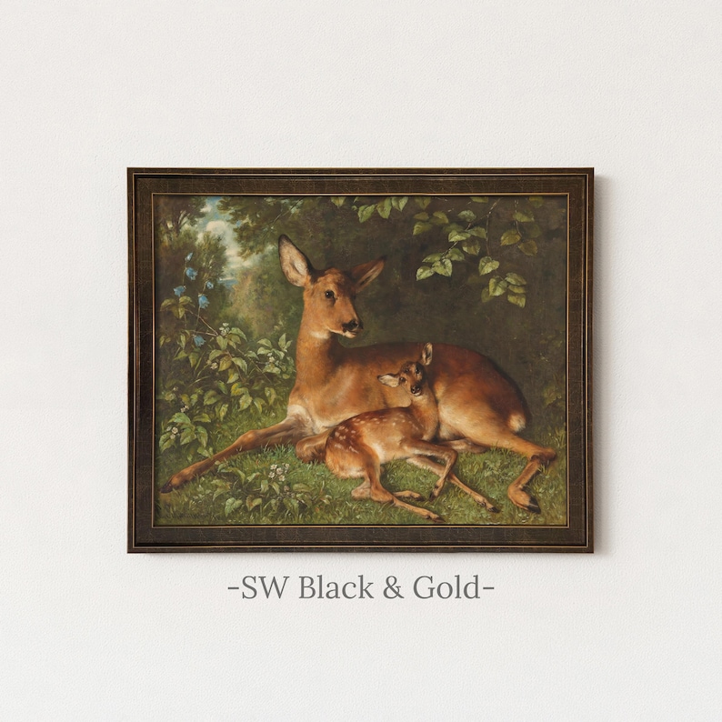 Antique Deer Painting | Rustic Wildlife Wall Decor | Vintage Woodland Fawn Artwork | Framed Art SW Black Gold