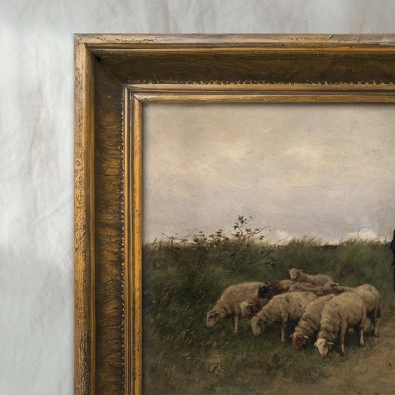 Vintage Sheep Landscape Painting | Antique Farmhouse Animal Artwork ...