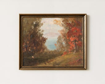 Vintage Fall Forest Painting | Rustic Autumn Lake Artwork | Antique Countryside Landscape Decor | Mailed Print