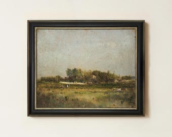 Vintage Meadow Field Painting | Antique Countryside Landscape Wall Art | Rustic Farm Pastoral Home Decor | Mailed Print