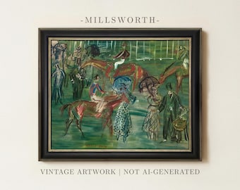 Vintage Horse Race Painting | Antique Equestrian Artwork | Muted Race Day Sporting Wall Decor | Classic Horse Racing Print | Framed Art